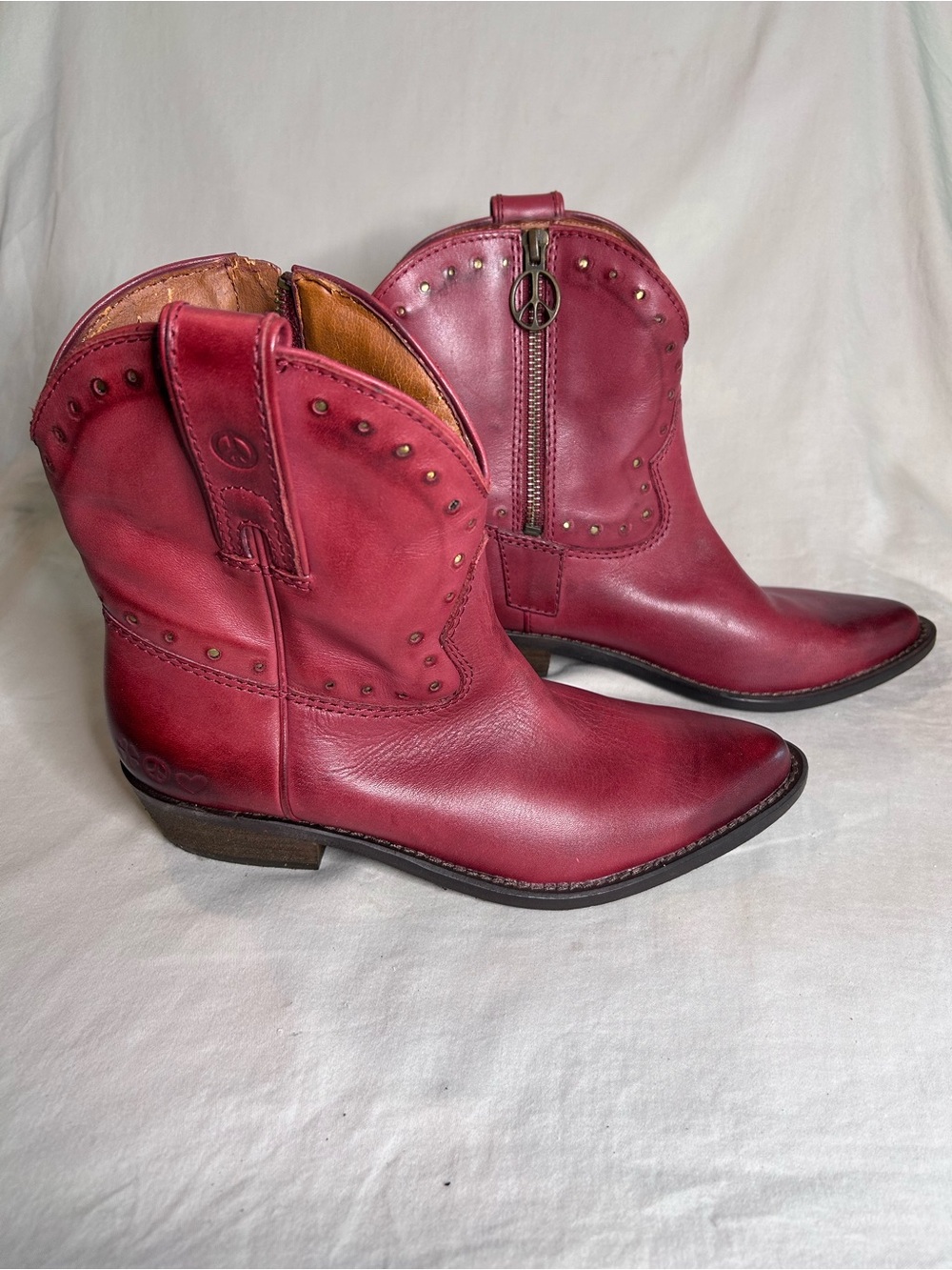 Lucky Brand PEACE Burgundy Leather Western Ankle Boots